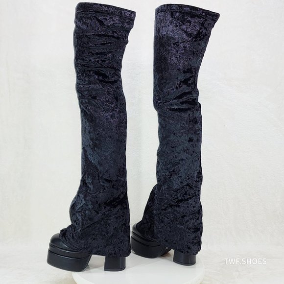 Unique Thigh High Black Velvet Fold over Skirted Chunky Heel Platform Boots - Picture 13 of 17